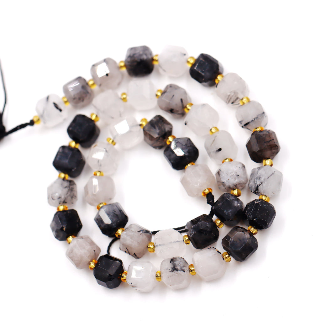 Malahill faceted cube stone beads for jewelry making, sold per bag 5 strands inside, Black Rutilated Quartz beads