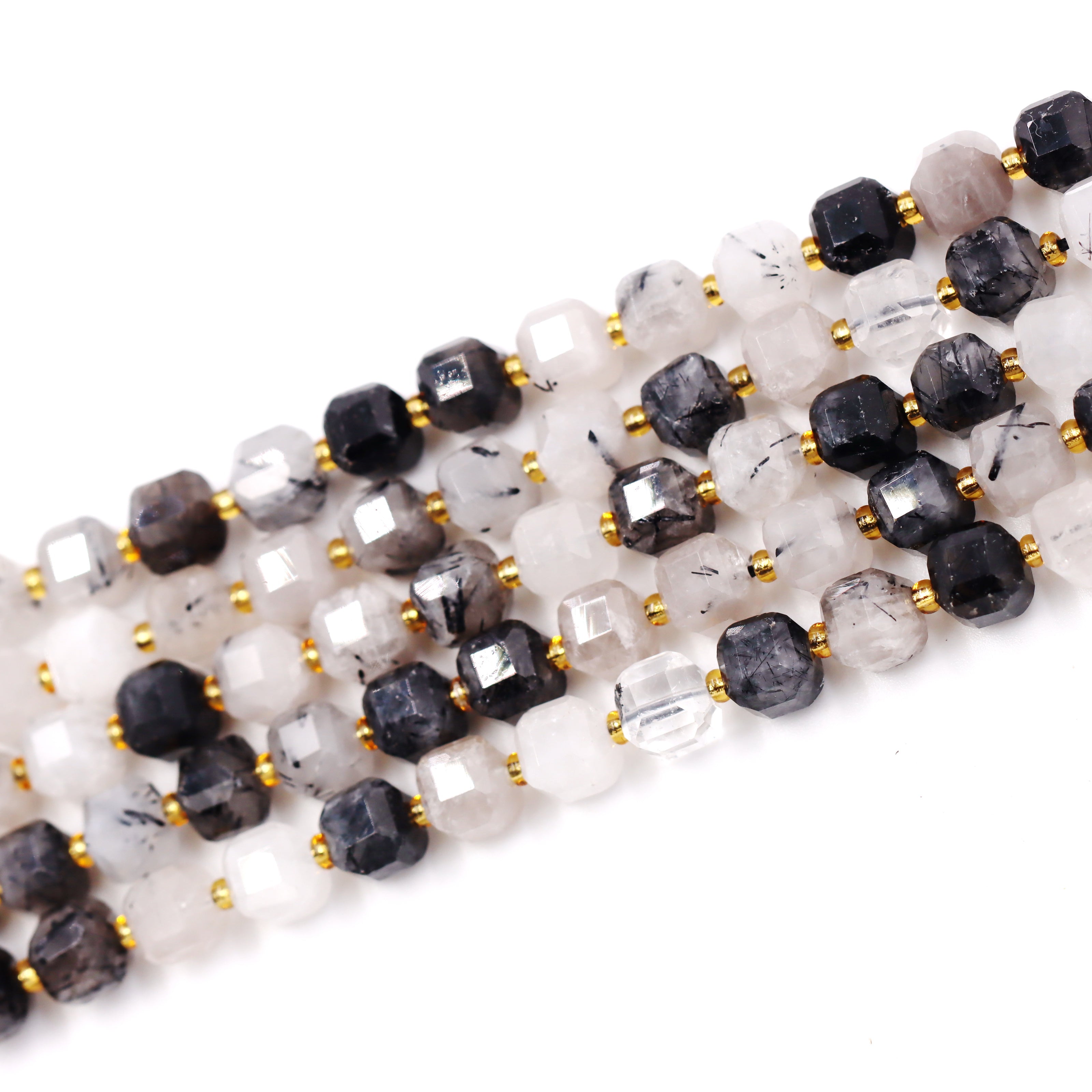 Malahill faceted cube stone beads for jewelry making, sold per bag 5 strands inside, Black Rutilated Quartz beads