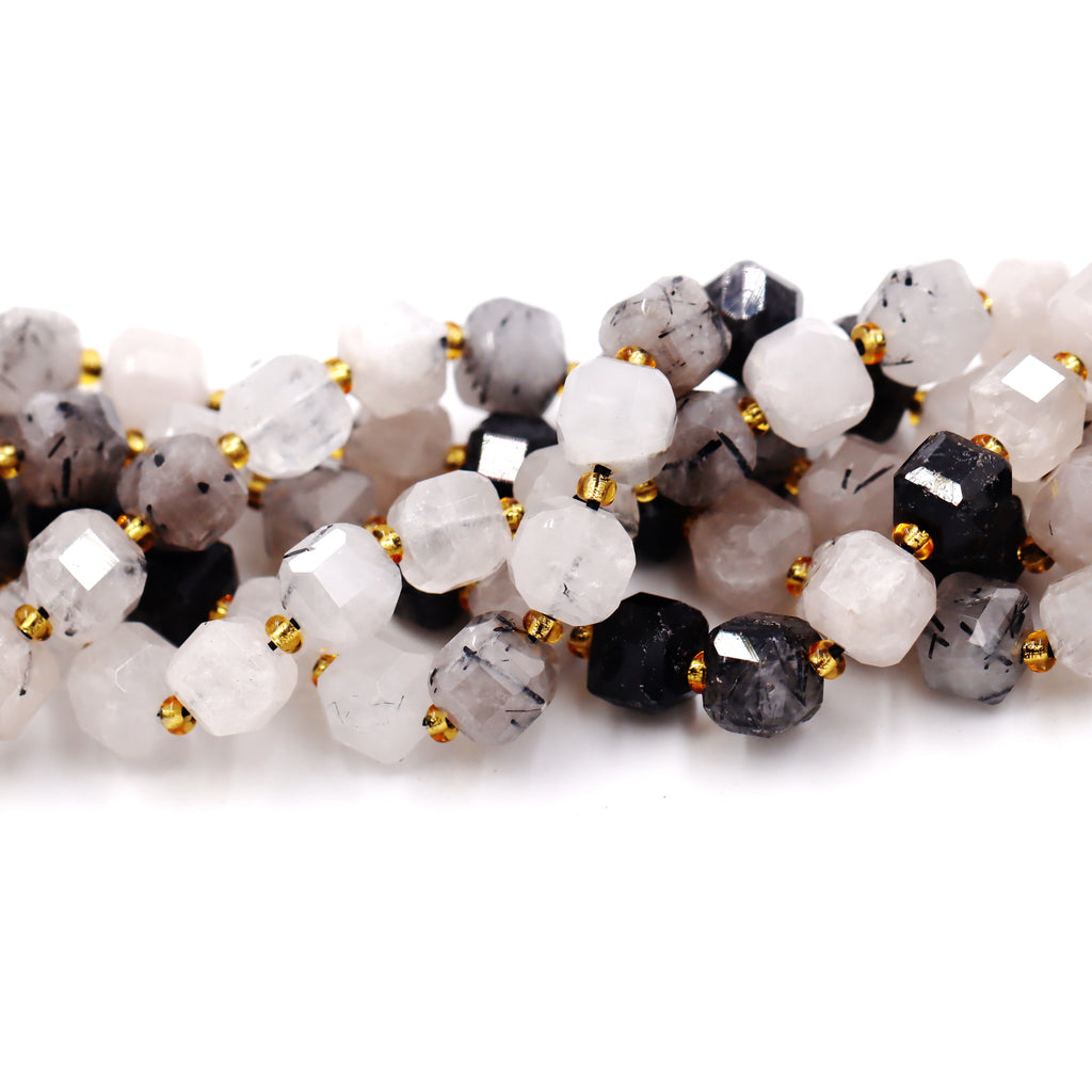 Malahill faceted cube stone beads for jewelry making, sold per bag 5 strands inside, Black Rutilated Quartz beads