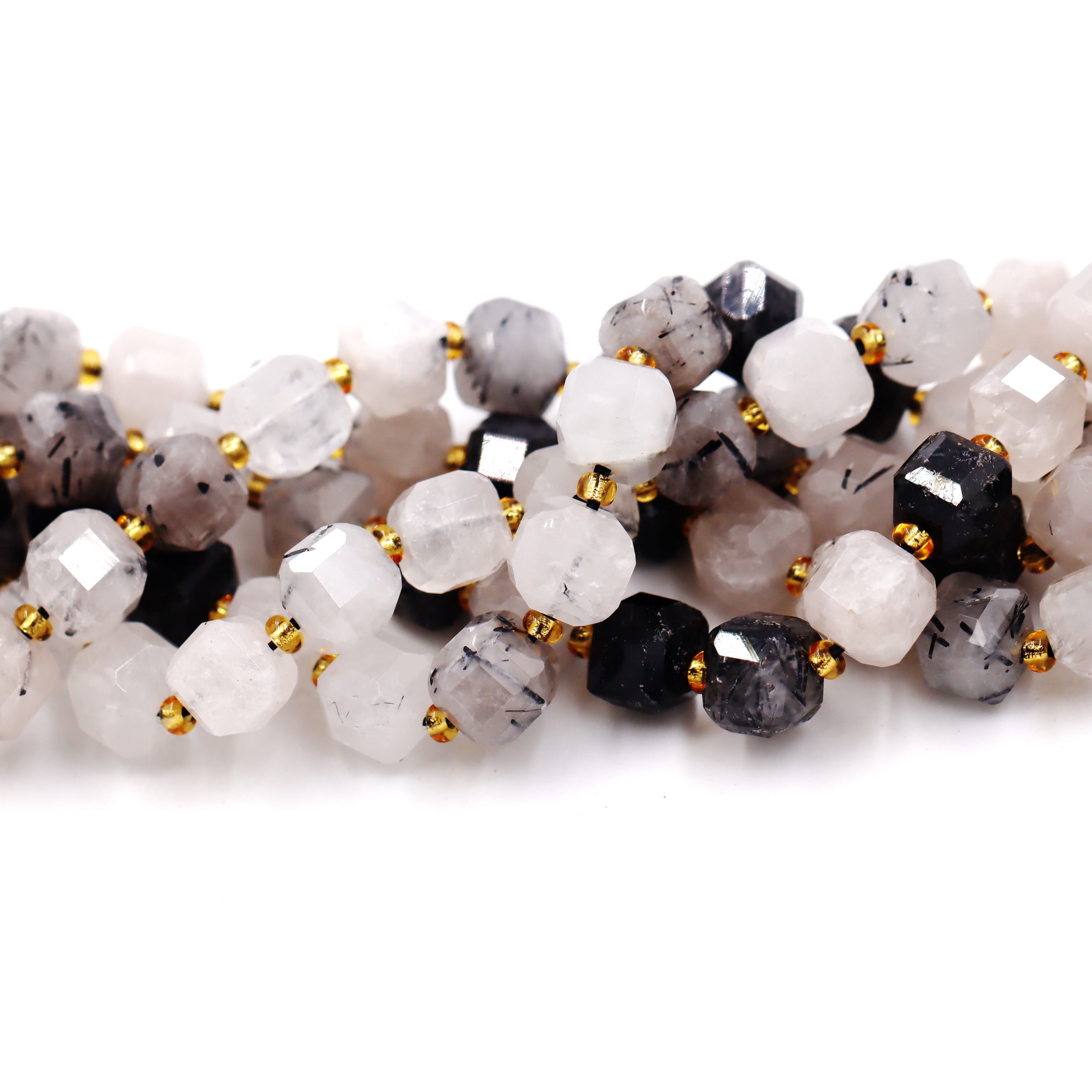 Malahill faceted cube stone beads for jewelry making, sold per bag 5 strands inside, Black Rutilated Quartz beads