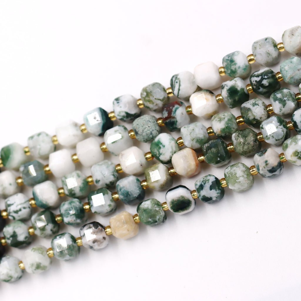 Malahill faceted cube stone beads for jewelry making, sold per bag 5 strands inside, Tree Agate beads