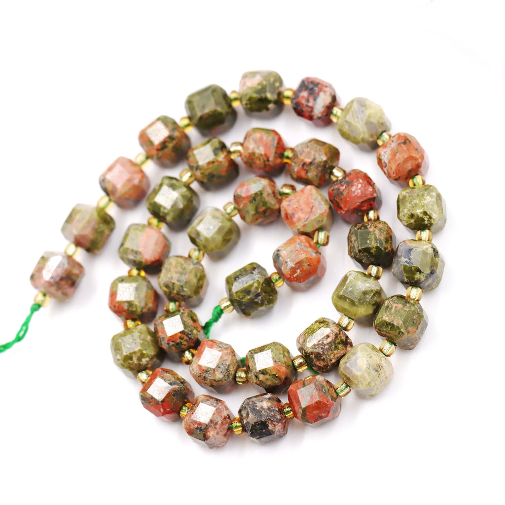 Malahill faceted cube stone beads for jewelry making, sold per bag 5 strands inside, Unakite beads