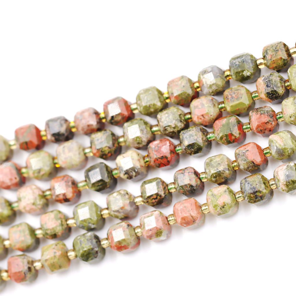 Malahill faceted cube stone beads for jewelry making, sold per bag 5 strands inside, Unakite beads