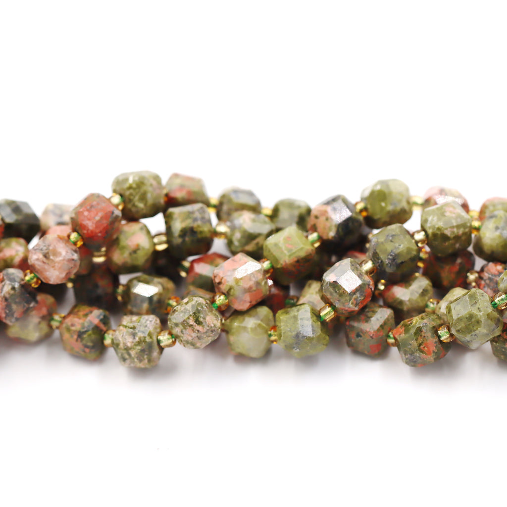 Malahill faceted cube stone beads for jewelry making, sold per bag 5 strands inside, Unakite beads