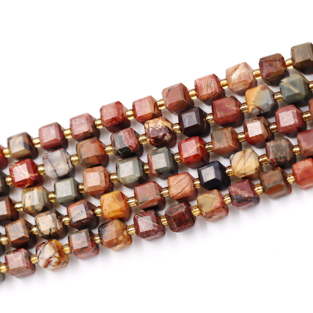 Malahill faceted cube stone beads for jewelry making, sold per bag 5 strands inside, Red Picasso Jasper beads