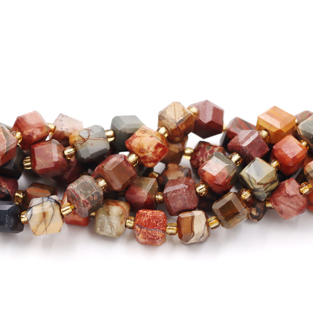 Malahill faceted cube stone beads for jewelry making, sold per bag 5 strands inside, Red Picasso Jasper beads