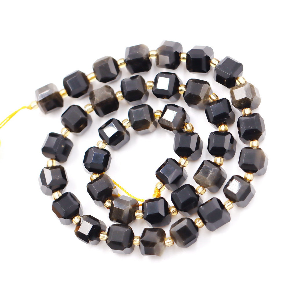 Malahill faceted cube stone beads for jewelry making, sold per bag 5 strands inside, Golden Obsidian beads