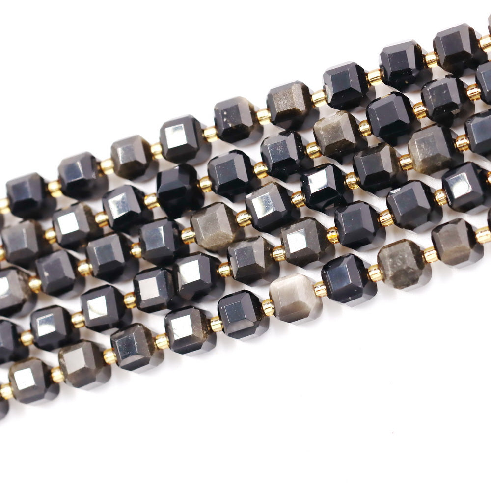 Malahill faceted cube stone beads for jewelry making, sold per bag 5 strands inside, Golden Obsidian beads