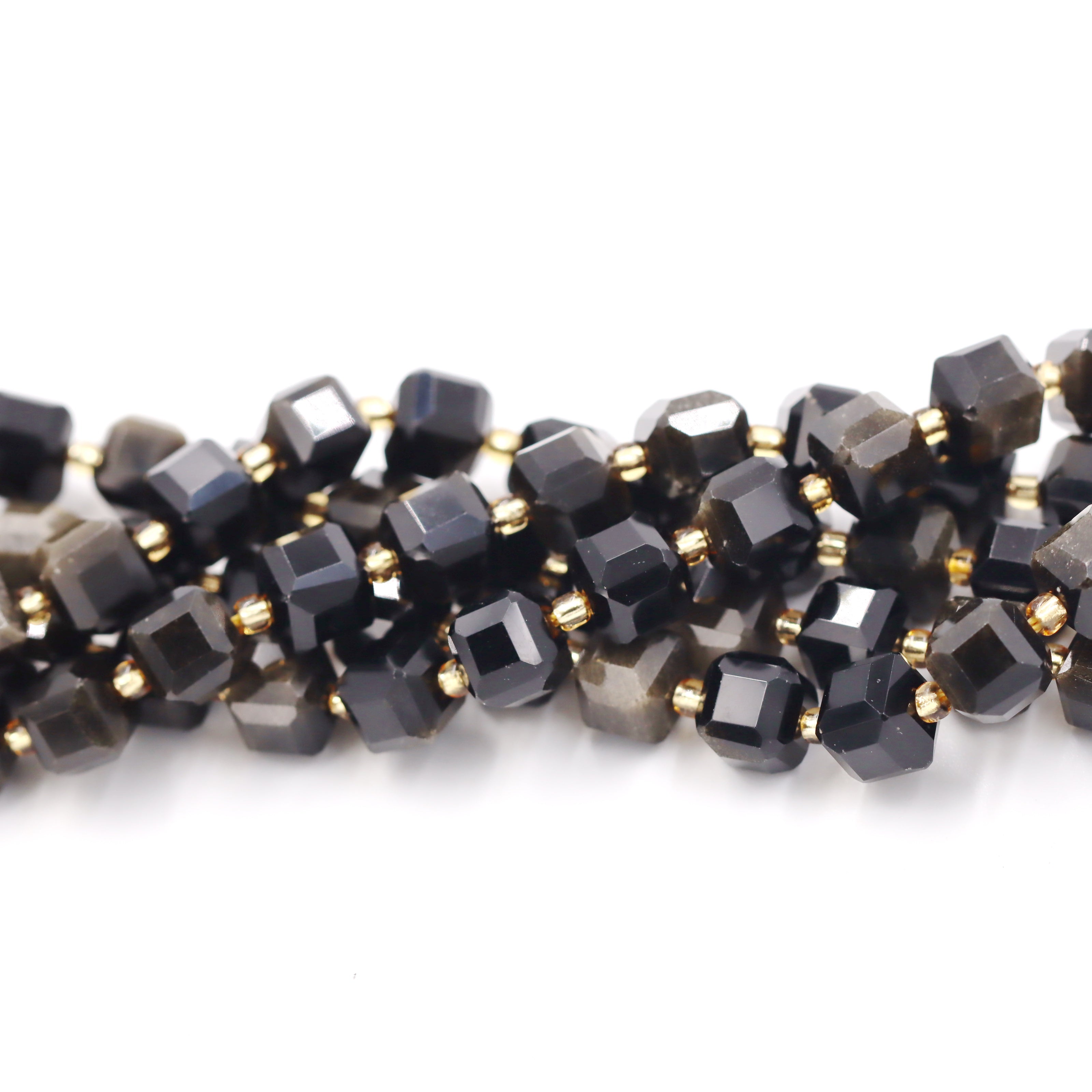 Malahill faceted cube stone beads for jewelry making, sold per bag 5 strands inside, Golden Obsidian beads