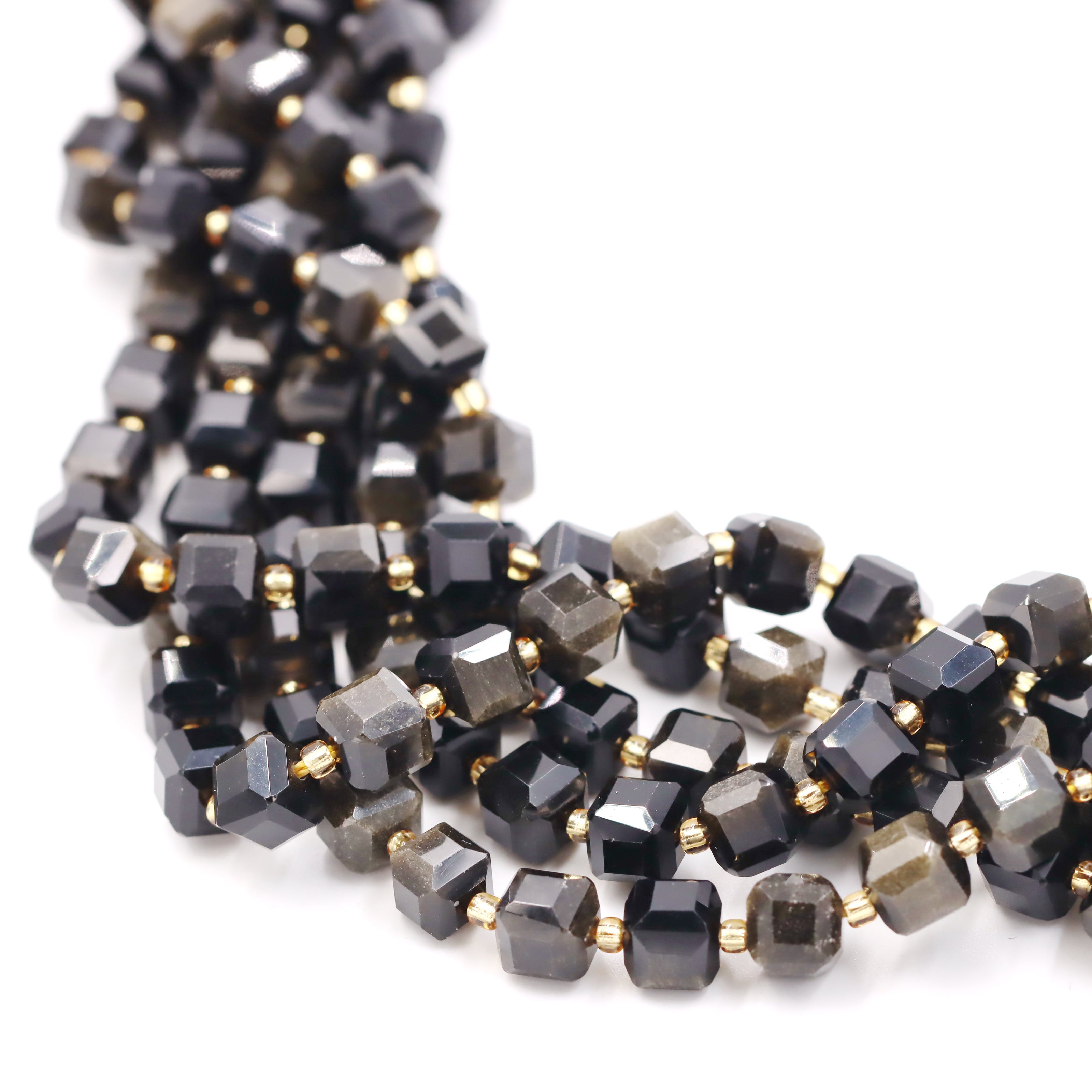 Malahill faceted cube stone beads for jewelry making, sold per bag 5 strands inside, Golden Obsidian beads