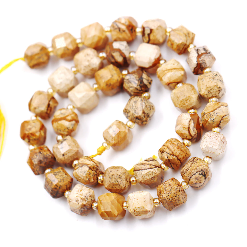 Malahill faceted cube stone beads for jewelry making, sold per bag 5 strands inside, Picture Jasper beads