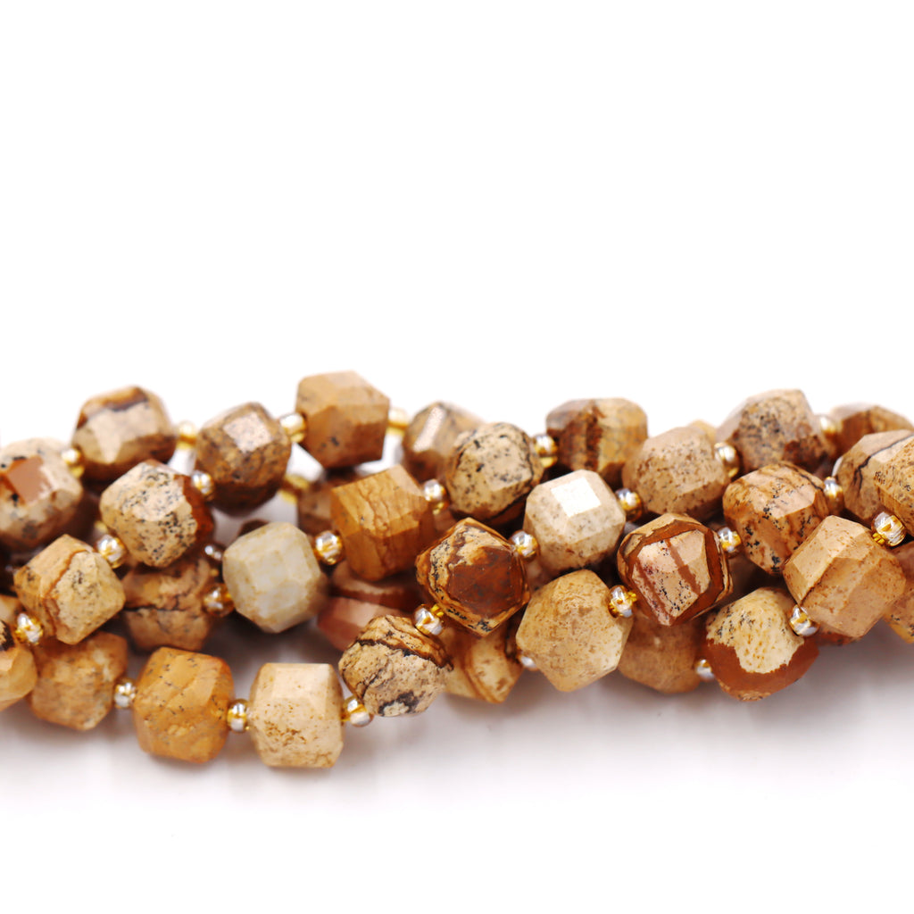 Malahill faceted cube stone beads for jewelry making, sold per bag 5 strands inside, Picture Jasper beads