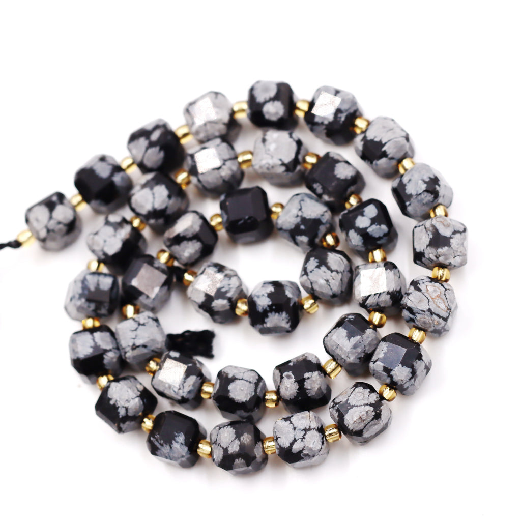 Malahill faceted cube stone beads for jewelry making, sold per bag 5 strands inside, Snowflake Obsidian beads