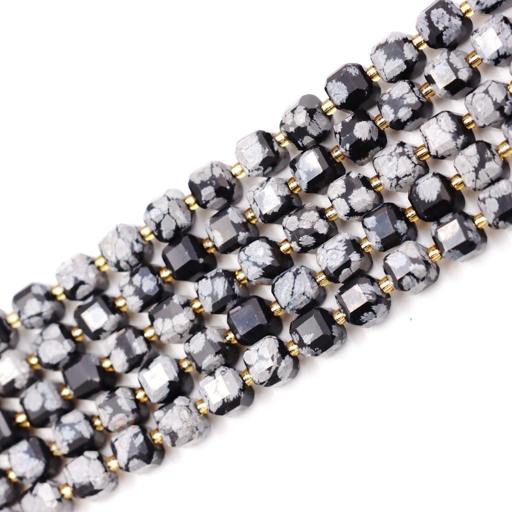 Malahill faceted cube stone beads for jewelry making, sold per bag 5 strands inside, Snowflake Obsidian beads