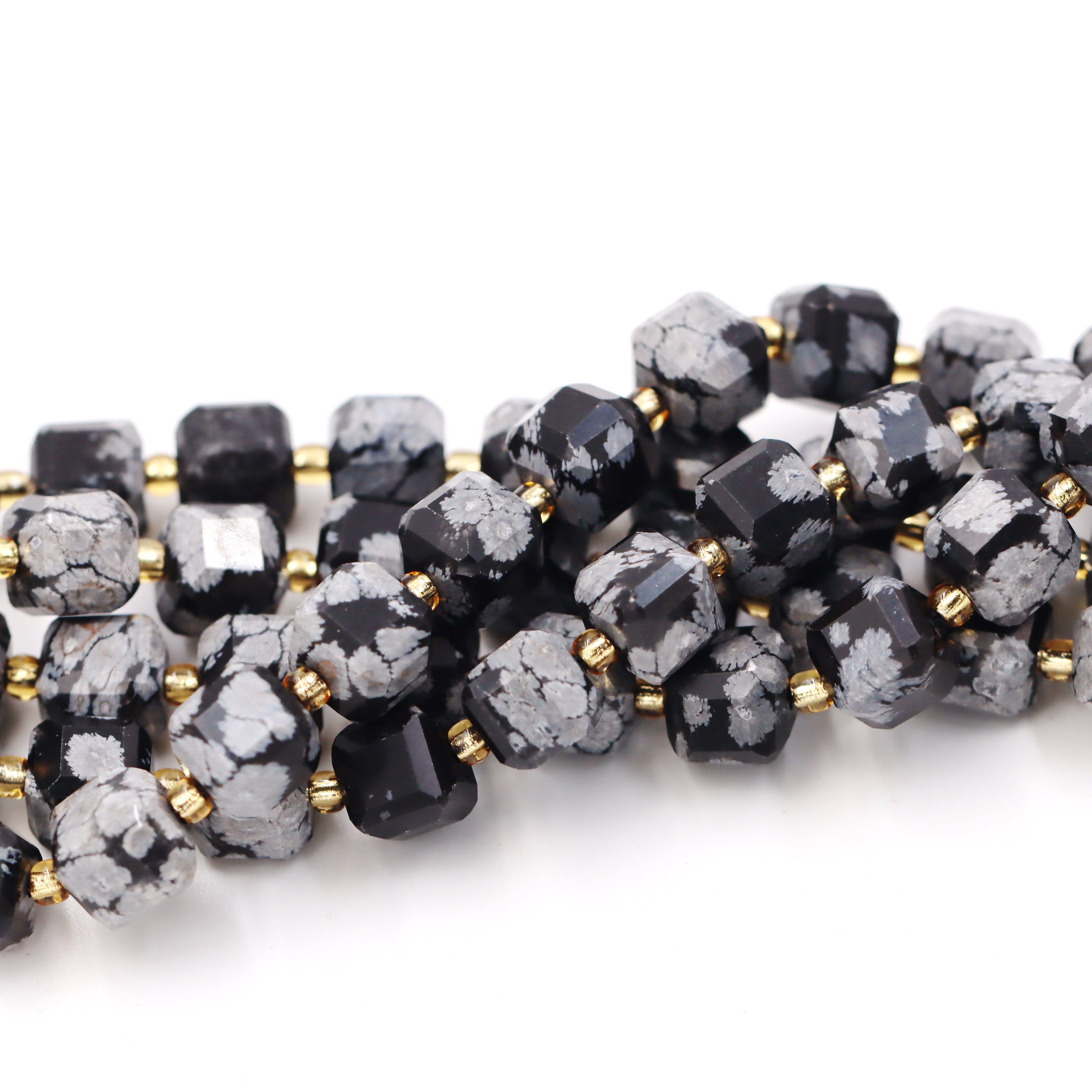 Malahill faceted cube stone beads for jewelry making, sold per bag 5 strands inside, Snowflake Obsidian beads