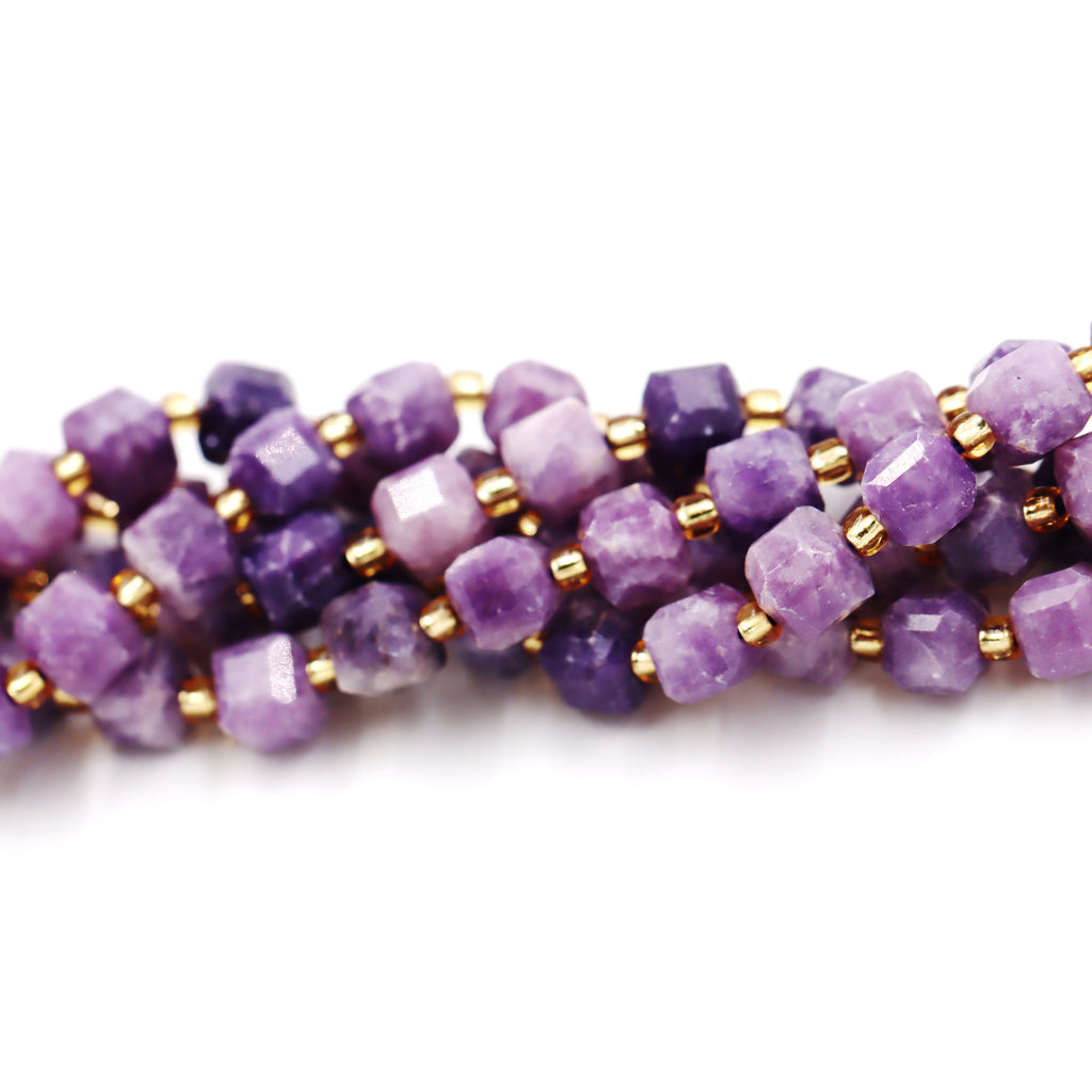Malahill faceted cube stone beads for jewelry making, sold per bag 5 strands inside, Lepidolite beads