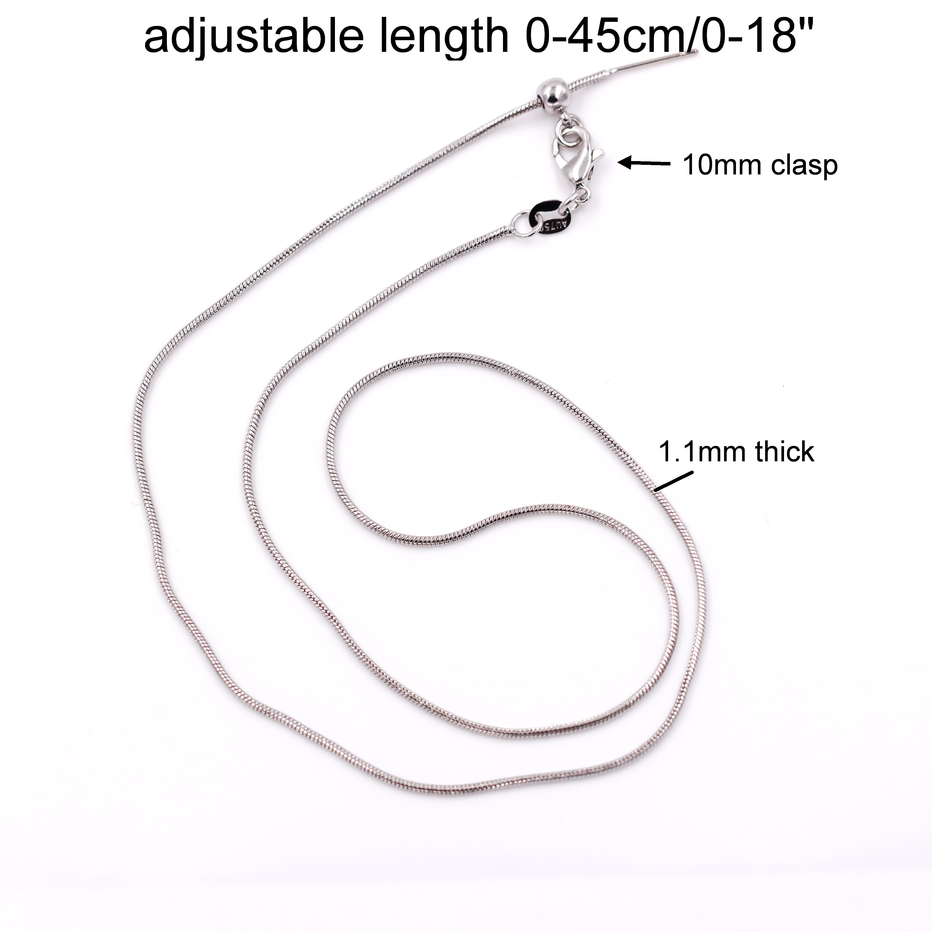 Malahill excellent quality jewelry findings chains for jewelry necklace making, 1.1mm*45cm snake chain with omnipotent clasp, sold 10 pieces per box