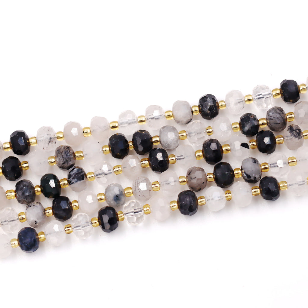Malahill faceted rondelle gemstone for jewelry making, sold per bag 5 strands inside, Black Rutilated Quartz beads