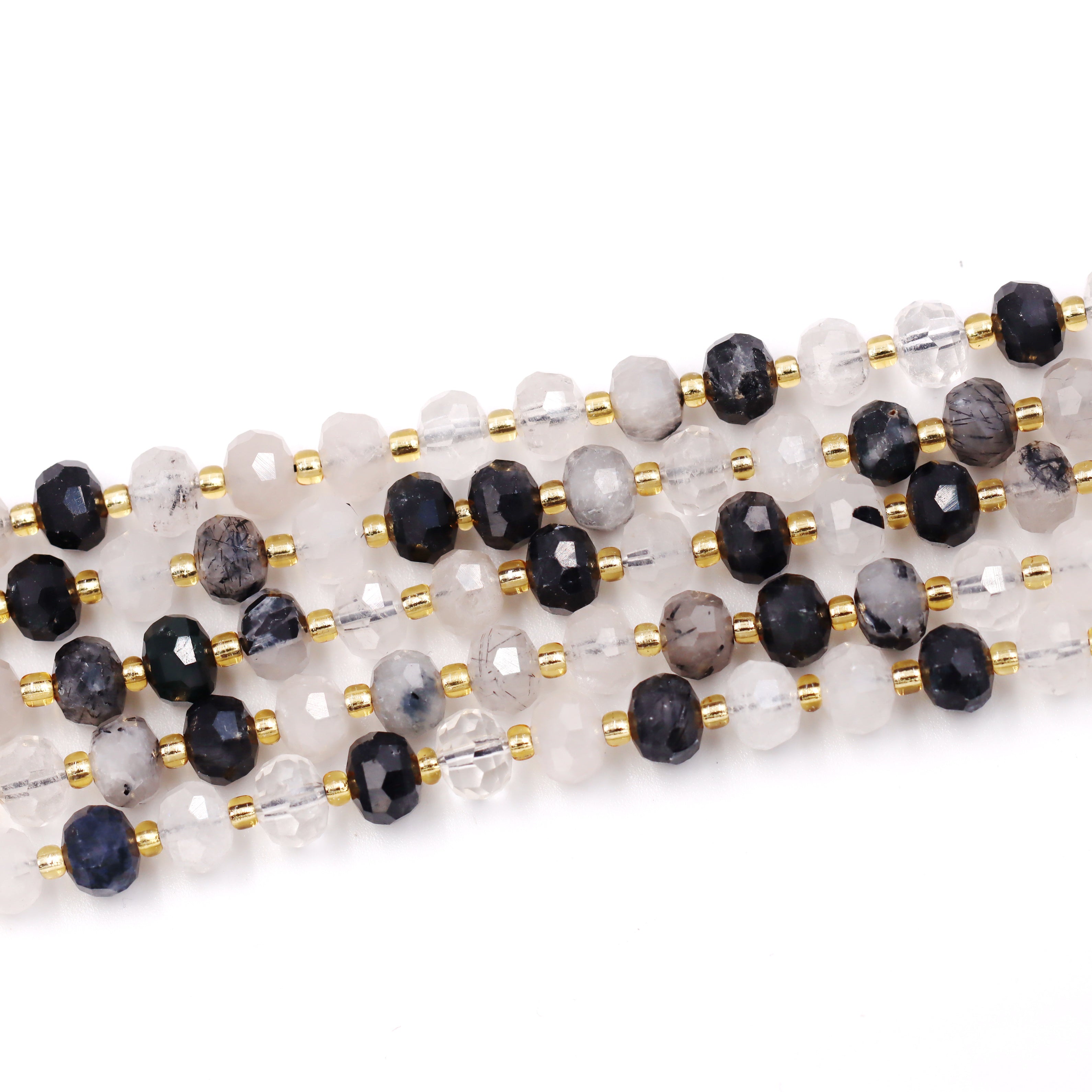 Malahill faceted rondelle gemstone for jewelry making, sold per bag 5 strands inside, Black Rutilated Quartz beads