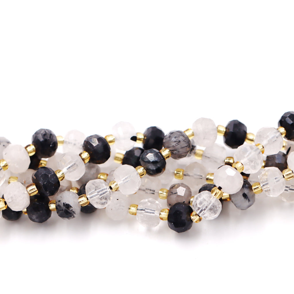Malahill faceted rondelle gemstone for jewelry making, sold per bag 5 strands inside, Black Rutilated Quartz beads