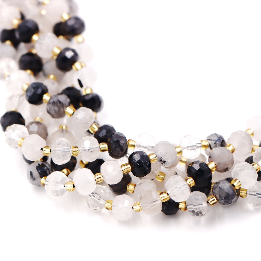 Malahill faceted rondelle gemstone for jewelry making, sold per bag 5 strands inside, Black Rutilated Quartz beads