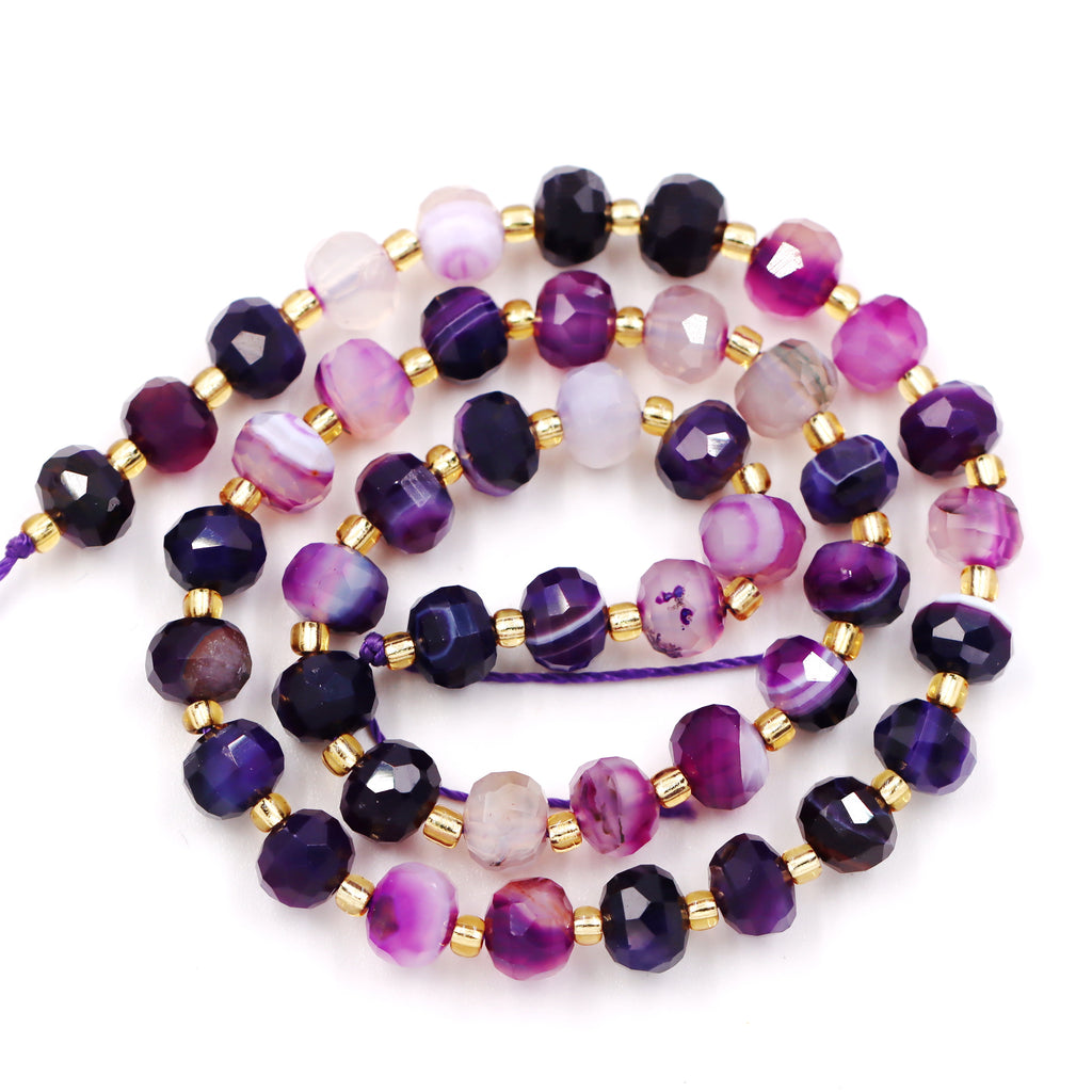 Malahill faceted rondelle gemstone for jewelry making, sold per bag 5 strands inside, Purple Stripe Agate beads