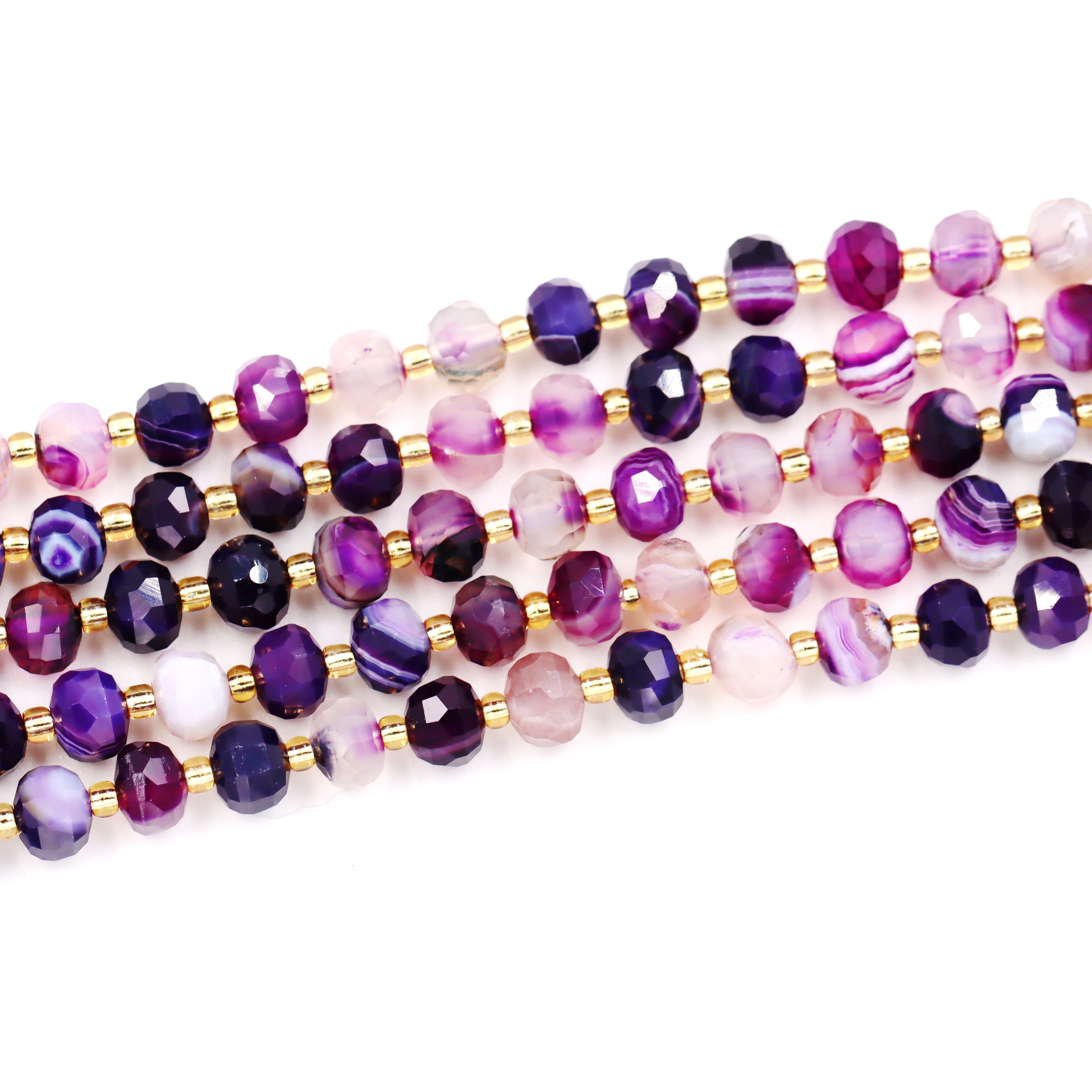 Malahill faceted rondelle gemstone for jewelry making, sold per bag 5 strands inside, Purple Stripe Agate beads