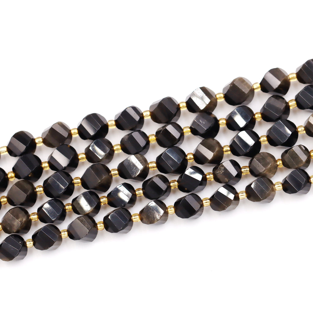 Malahill faceted S shape stone beads for jewelry making, sold per bag 5 strands inside, Golden Obsidian beads