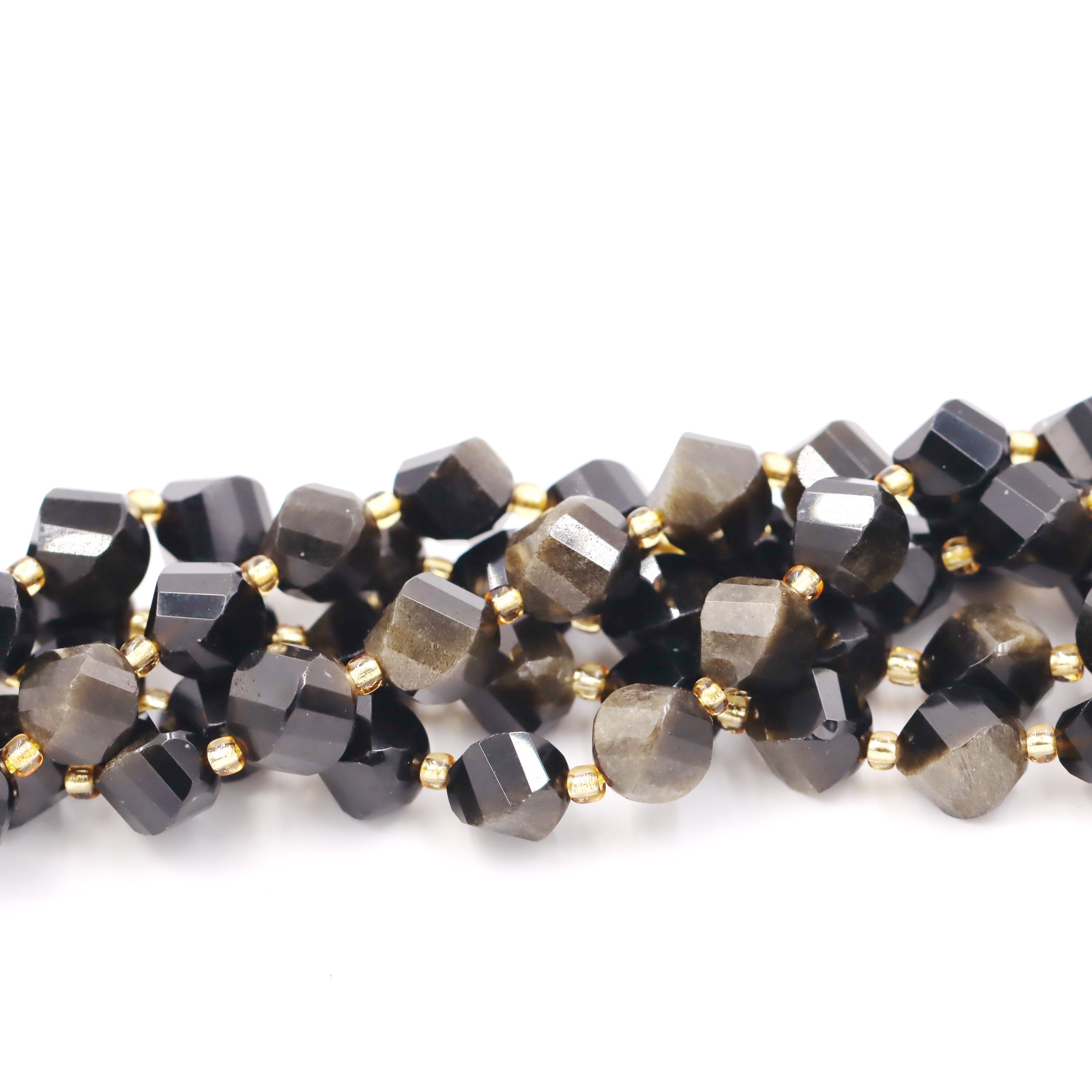 Malahill faceted S shape stone beads for jewelry making, sold per bag 5 strands inside, Golden Obsidian beads